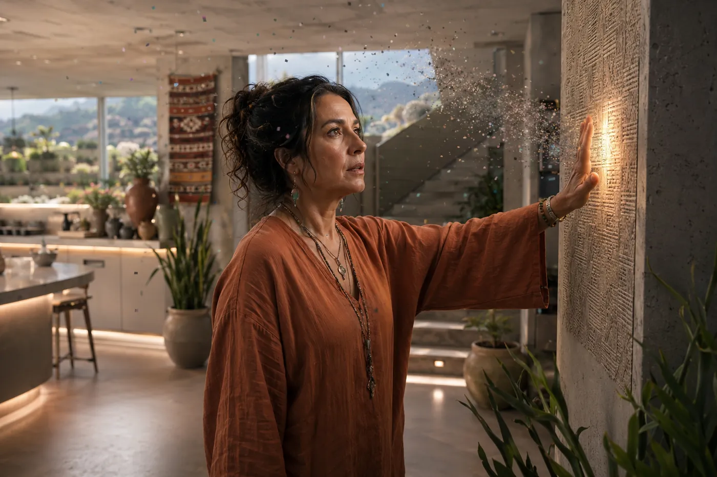 Juana at the kitchen wall, cultivating the house rather than programming it